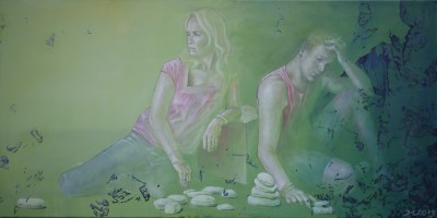 Gemälde in Mischtechnik eines Mannes und einer Frau am Boden sitzend und Steine n der Hand haltend,
       Illustration des Liedes Ich Steine Du Steine von von Peter Fox